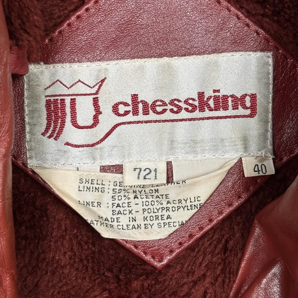 Chess King Mens Vintage 80s Red Leather Bomber Jacket Faux Fur Lined Size 40